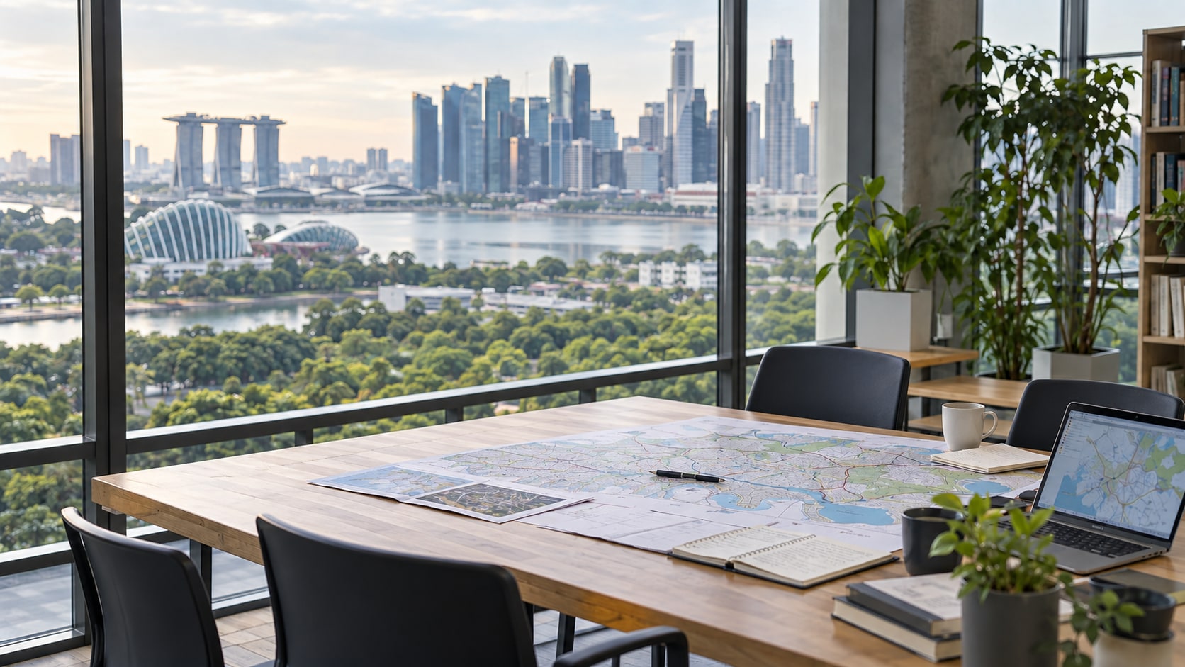 Research workspace overlooking a Singapore-inspired skyline, with city-network maps, an open laptop, notebooks, coffee cups and empty chairs