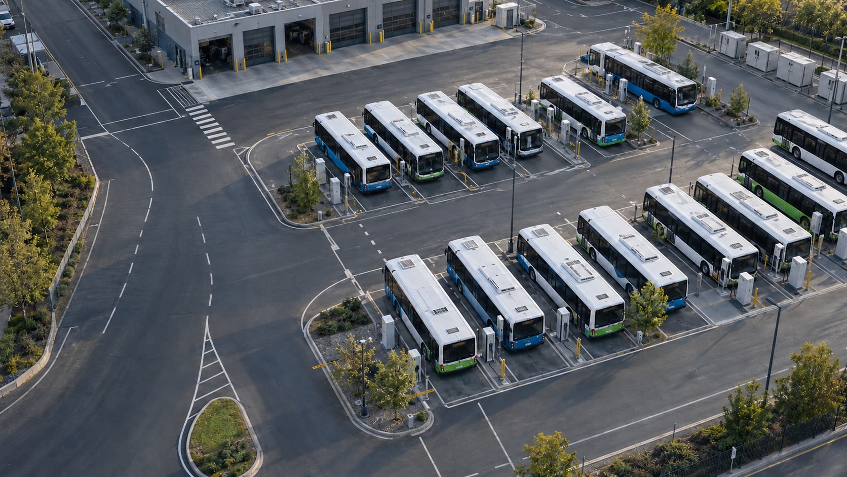 Aerial view of an electric bus depot with parked buses, charging bays, and a maintenance building